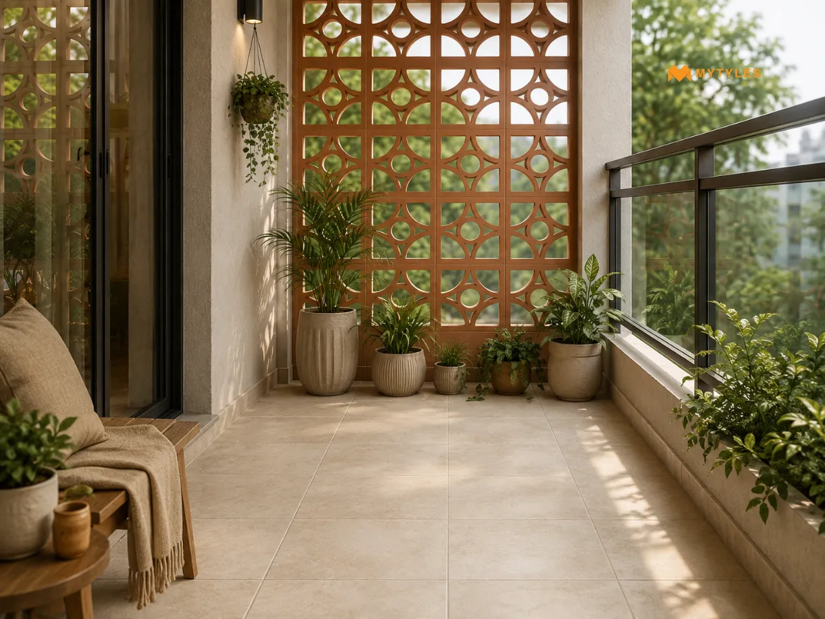 Terracotta Jali with Beige Floor Tiles for a Bright Balcony